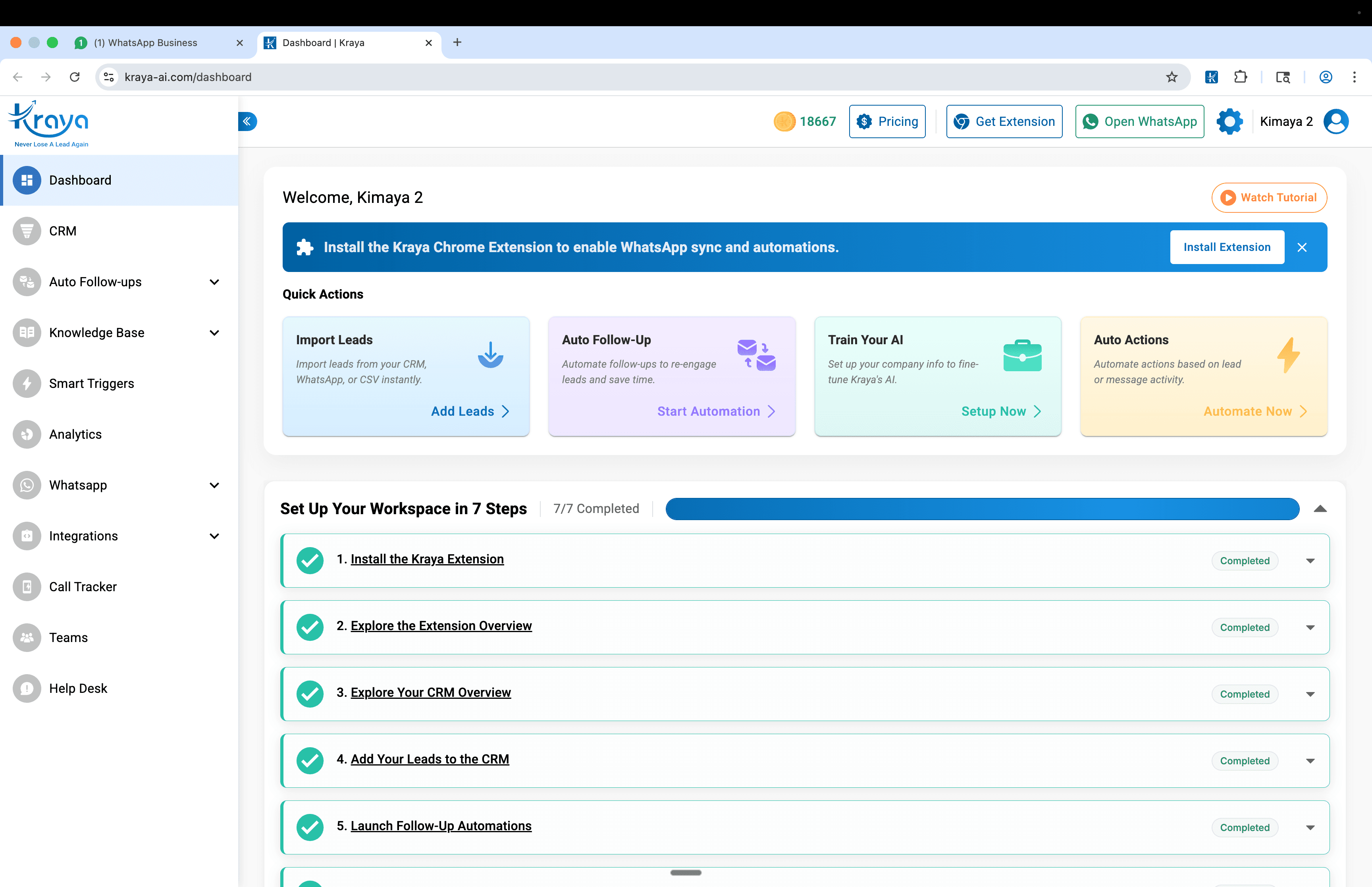Kraya dashboard — quick actions, workspace setup, and analytics overview