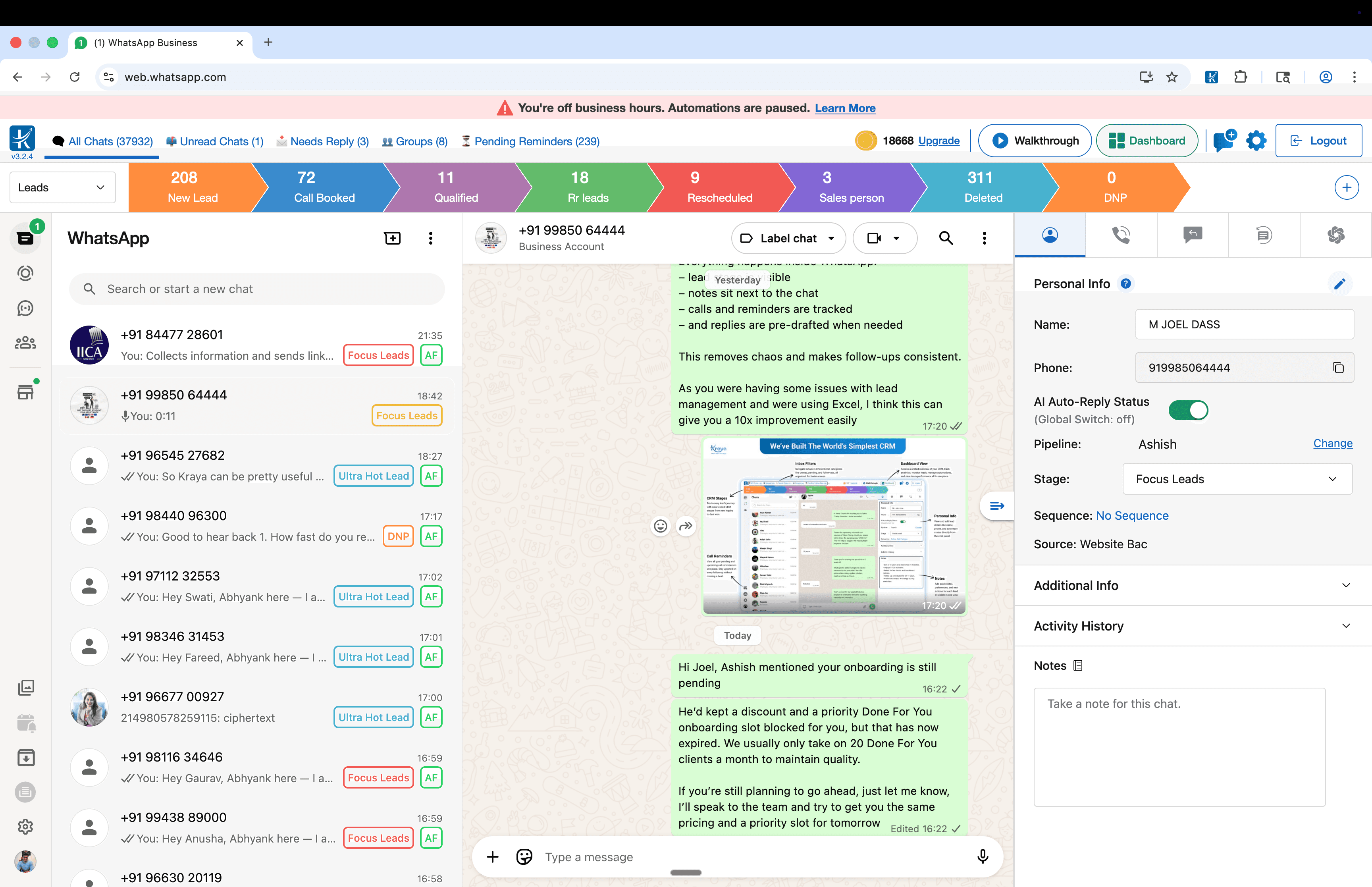 Kraya WhatsApp CRM for D2C E-Commerce — lead pipeline and AI qualification inside WhatsApp